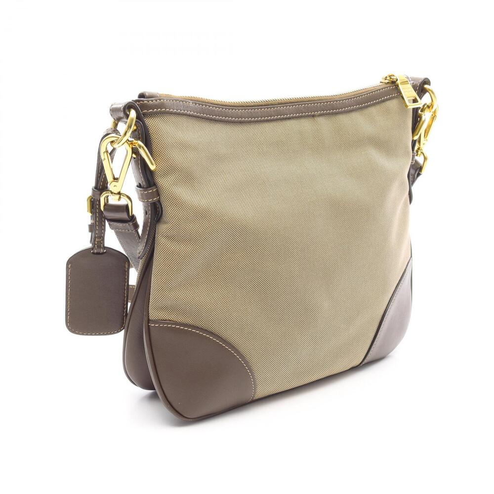 Prada JACQUARD Brown Shoulder Canvas LOGO Bag Beige Leather